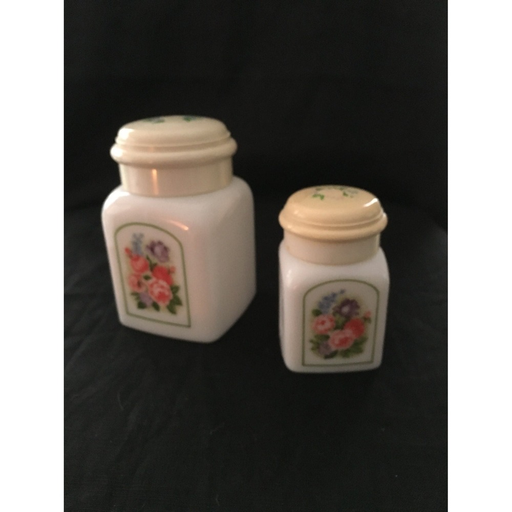 Set of 2 Milkglass powder shakers, Avon vanity containers powder shakers,